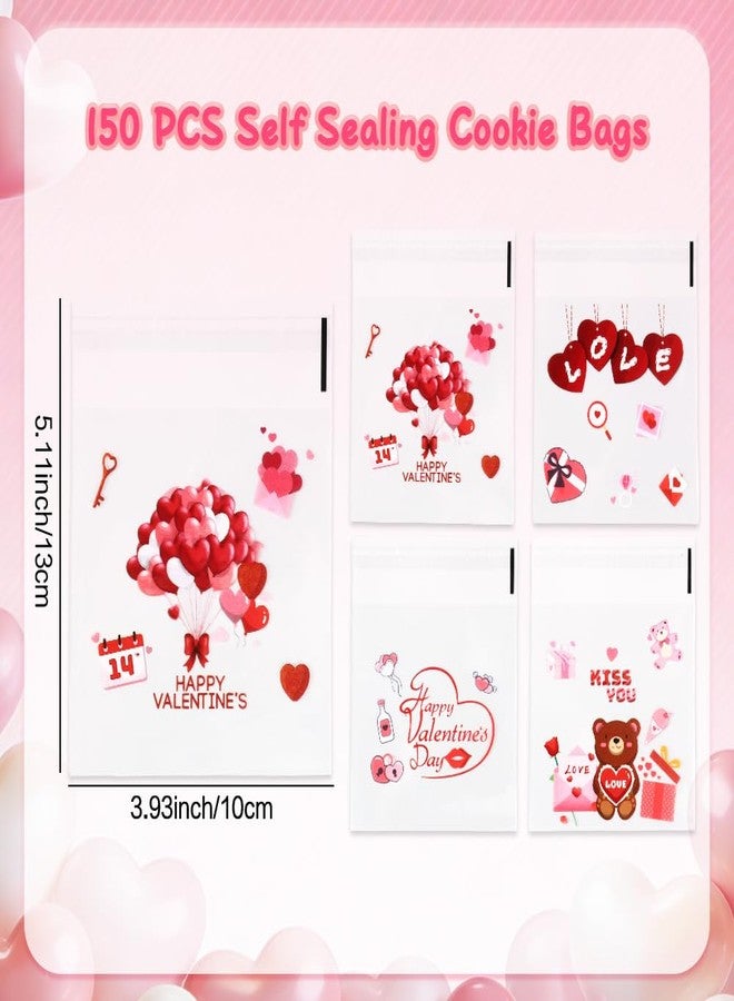 Linsuminn Valentine Treat Bags, 150 PCS Valentines Cellophane Treat Bags, Valentines Candy Bag, Self Adhesive Plastic Clear Valentine Goodie Cookie Gift Bag for Valentine's Day Holiday Party Favor Supplies - Image 2